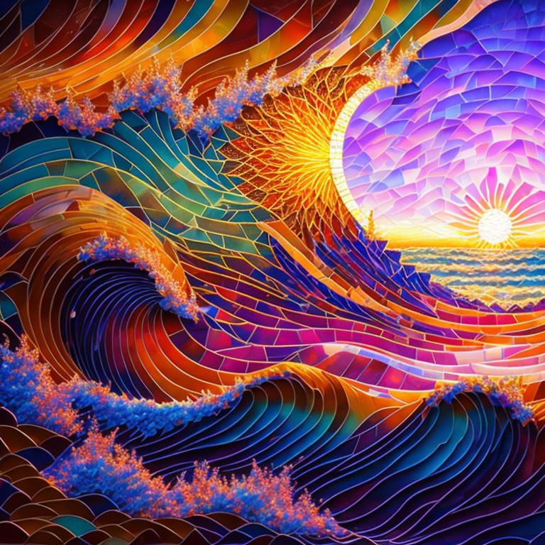 Colorful digital artwork: swirling waves in fiery and cool hues with a radiant sun.