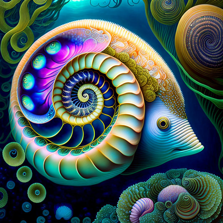 Colorful Digital Artwork of Stylized Nautilus & Sea Elements