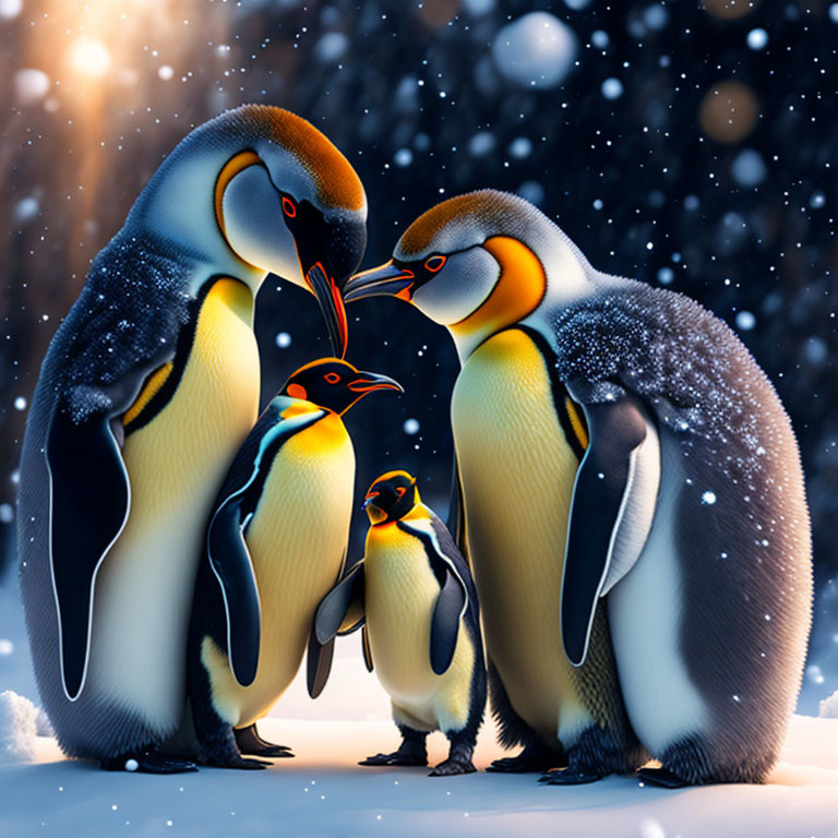 Family of Four Penguins Huddled in Snowy Night