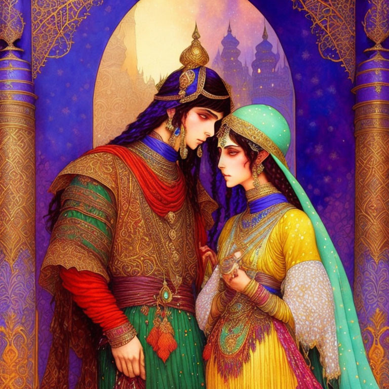 Illustrated couple in traditional Middle Eastern attire with intricate architectural backdrop