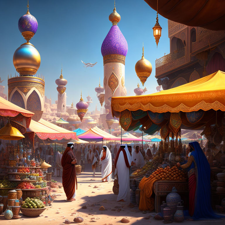 Vibrant traditional market scene with colorful stalls and Middle Eastern architecture