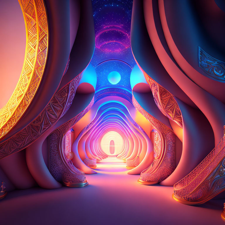 Vibrant digital art tunnel with cosmic sky and bright doorway