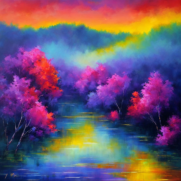 Colorful Forest Painting with Pink and Purple Trees Reflecting in Blue Water