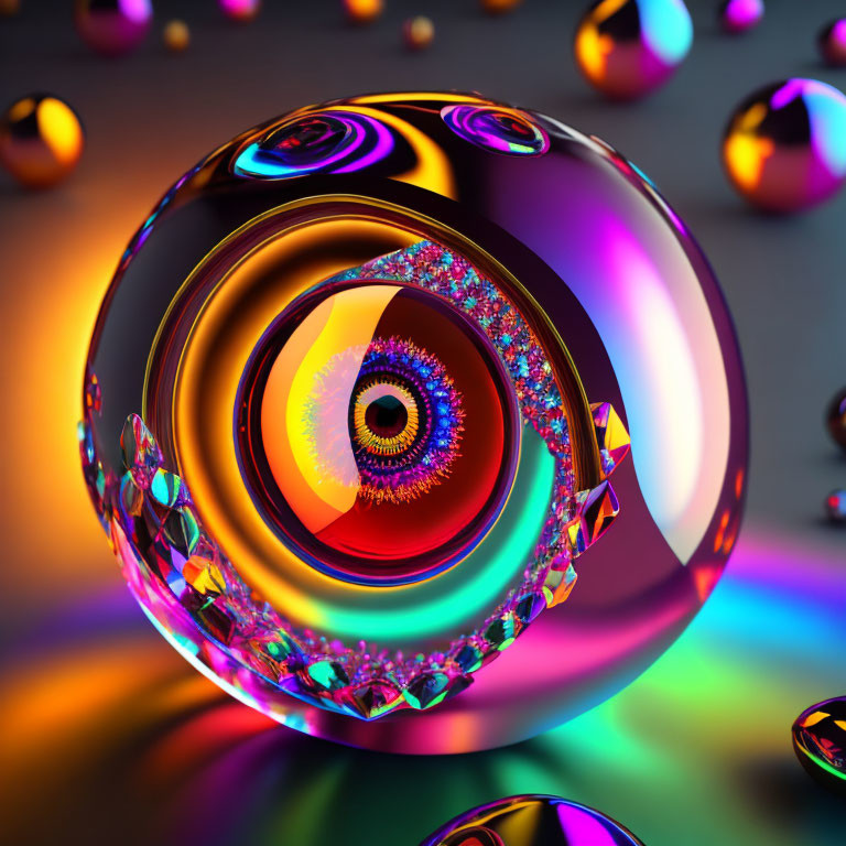 Colorful Fractal Pattern on Glossy Spherical Object with Reflective Orbs