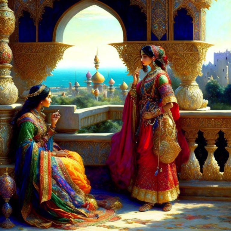 Two Women in Traditional Dresses on Balcony Overlooking Sea