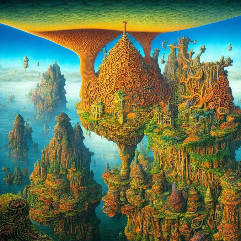 Fantastical landscape with floating islands and intricate tree-like structures