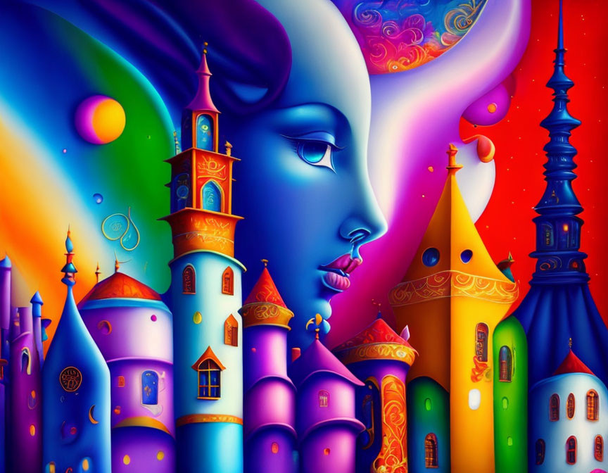 Colorful artwork: Woman's profile merges with whimsical, multi-colored towers & celestial elements