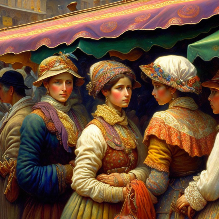 Three Women in Elaborate Traditional Attire at Colorful Market Stall