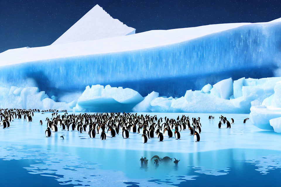 Colony of Penguins on Ice with Icebergs and Blue Sky