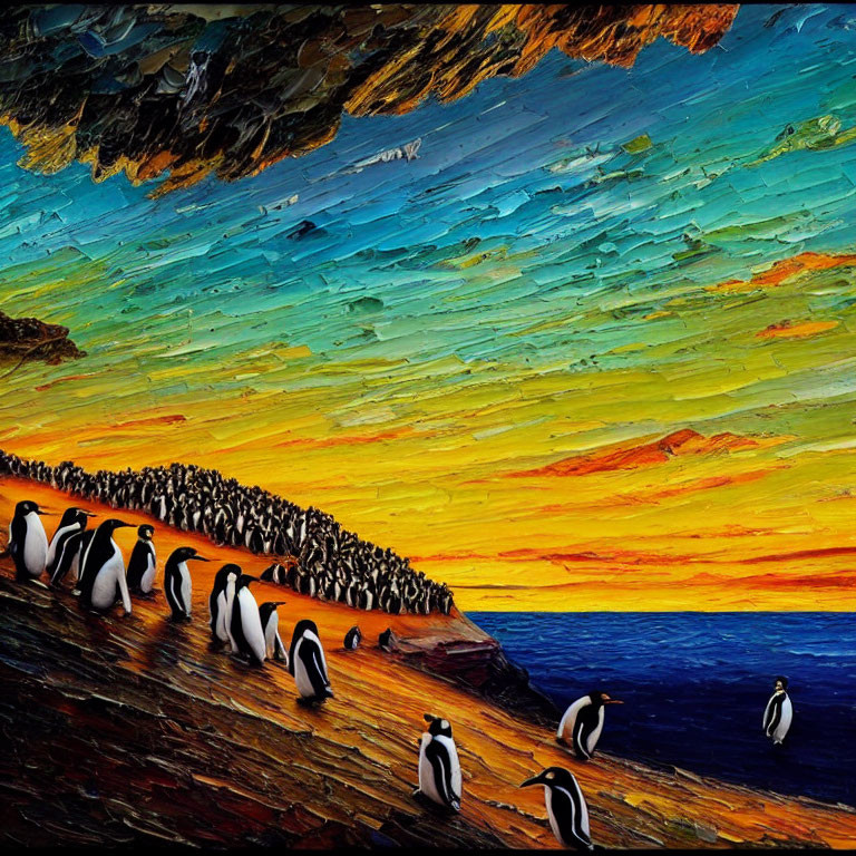 Colorful Penguin Sunset Painting with Dynamic Brush Strokes