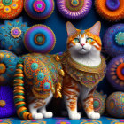 Ornately Adorned Majestic Cats in Vibrant Coats Sitting Amid Colorful Flowers