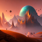 Surreal desert landscape with sand dunes, rock formations, and reflective orb.