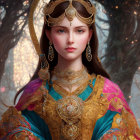 Digital artwork of woman in traditional Asian royal attire with gold jewelry, headpiece, and vibrant robe.