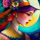 Colorful portrait of a woman in floral hat with butterfly, painted in whimsical style