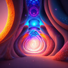 Vibrant digital art tunnel with cosmic sky and bright doorway