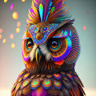 Vibrant stylized owl with intricate patterns on soft, bokeh-lit backdrop