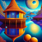 Surreal painting of thatch-roofed house by blue lake and moon