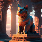 Animated cat statue with gold and jewels in temple at sunset