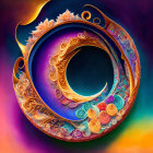 Colorful digital art: swirling golden pattern, ornate details, purple and orange flowers on radiant mult