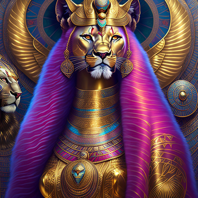 Anthropomorphic lion in regal Egyptian attire on blue background with hieroglyphics