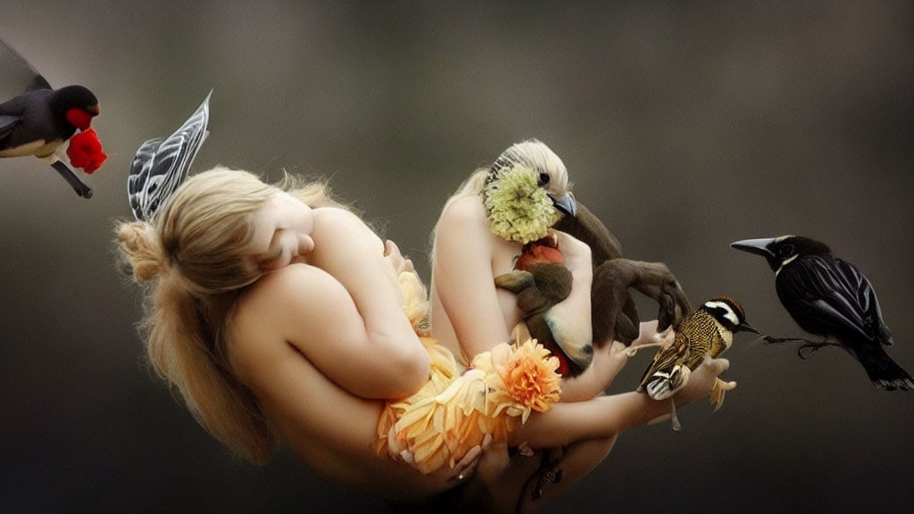 Young girl sleeping midair surrounded by birds.