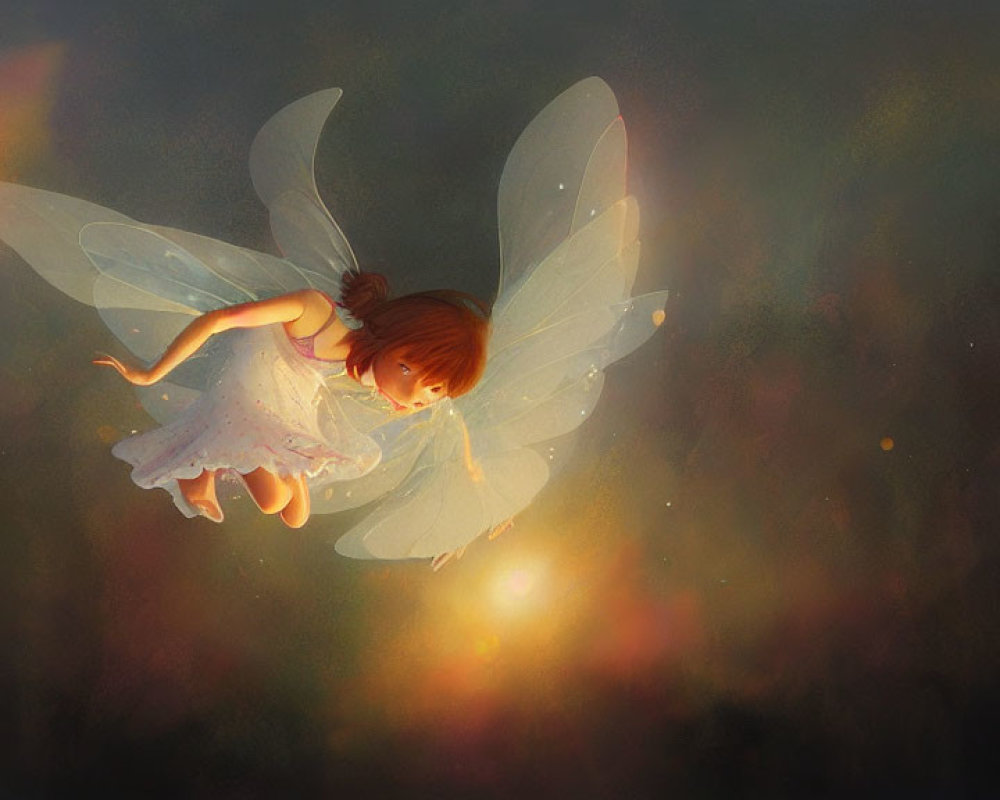 Illustrated fairy with translucent wings in serene magical setting