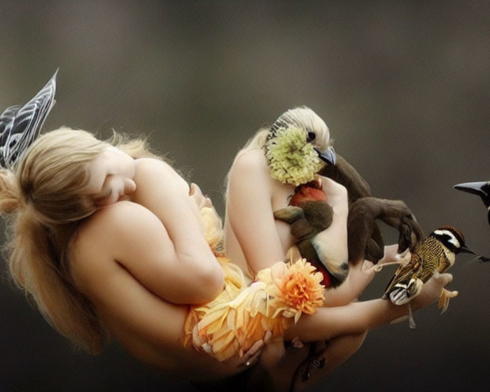 Young girl sleeping midair surrounded by birds.