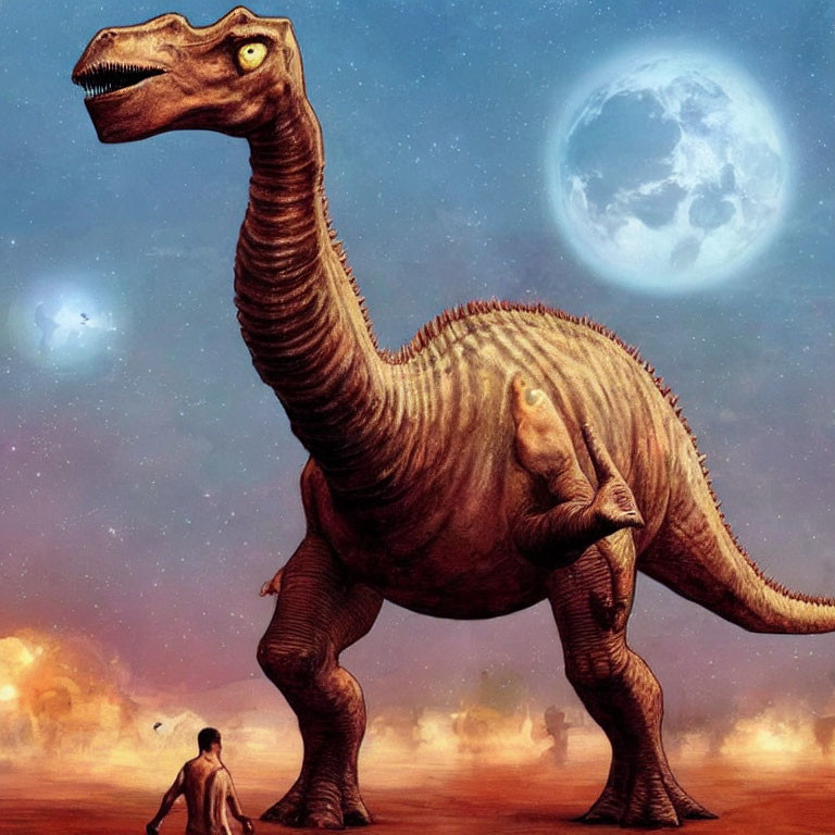 Massive dinosaur with long neck under moon and stars