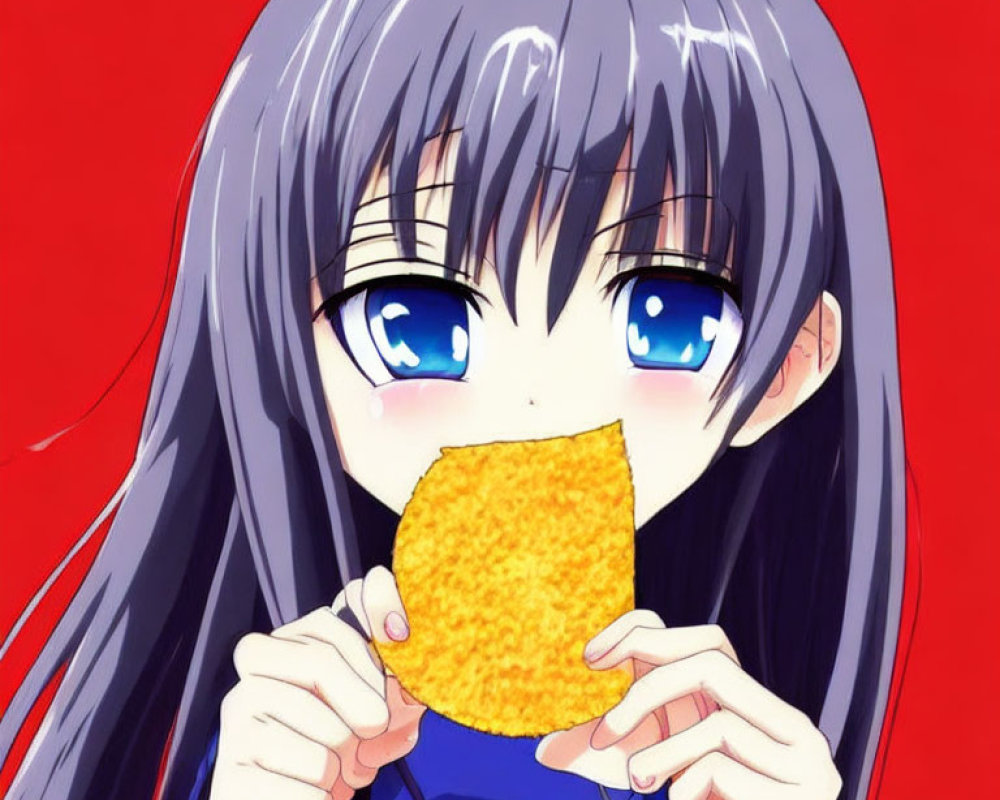 Blue-Eyed Anime Girl Eating Cookie on Red Background