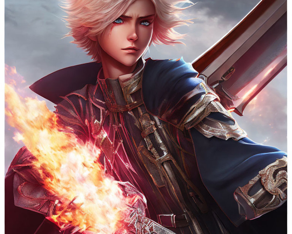 Illustrated character with spiky white hair and flaming sword in red and blue armor under dramatic sky