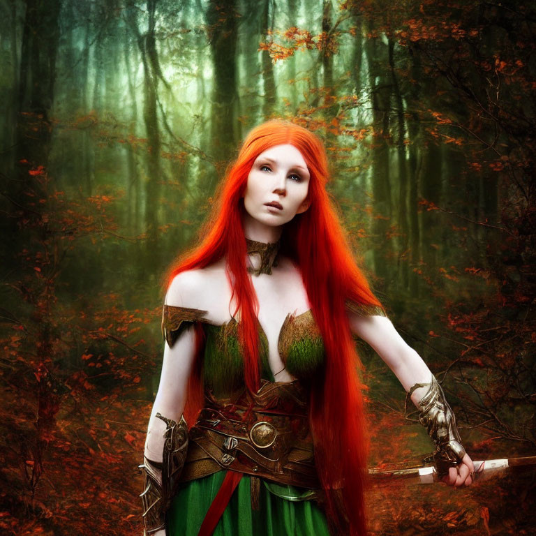 Fiery Red-Haired Woman in Green Fantasy Costume with Sword in Mystical Autumn Forest