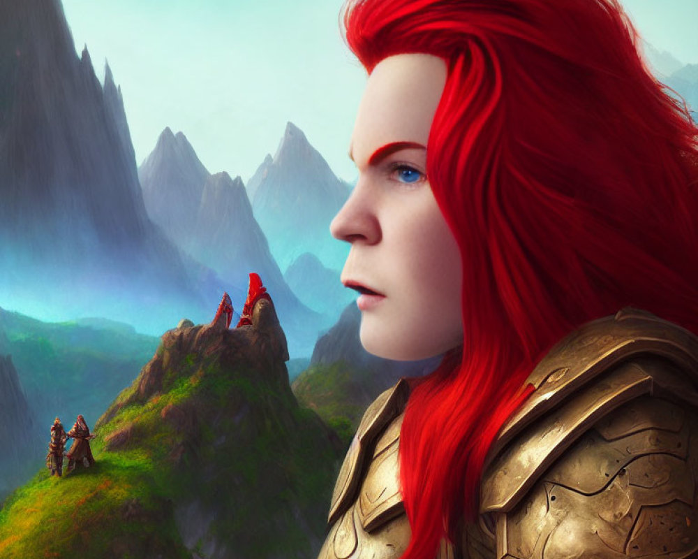 Red-Haired Female Warrior in Golden Armor Artwork with Dragons on Mountain Landscape