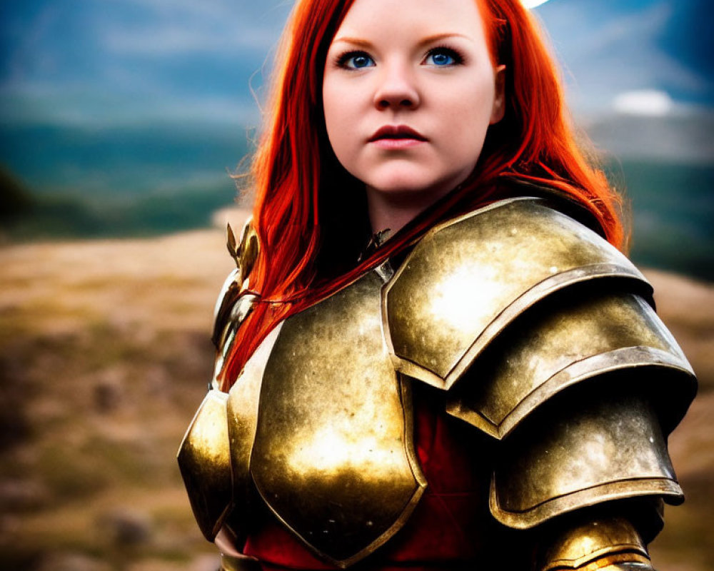 Red-haired woman in medieval armor poses outdoors with mountainous backdrop