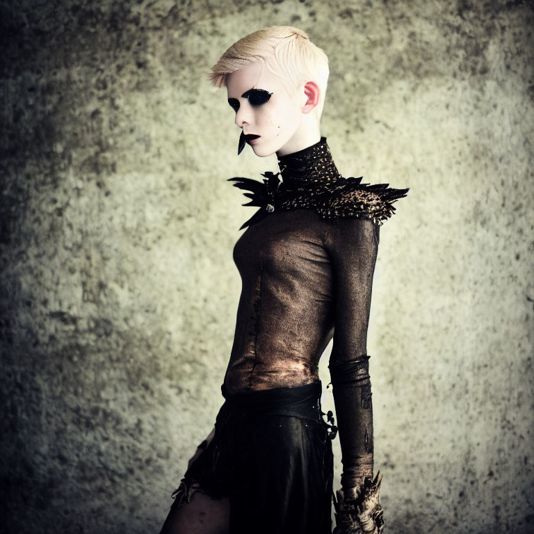 Punk style person with short platinum blonde haircut and dark lipstick