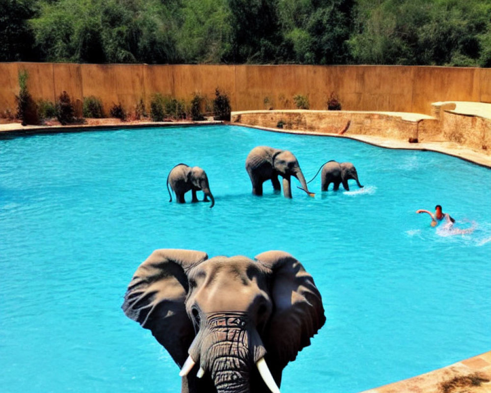 Four elephants and person swimming in blue pool under sunny sky