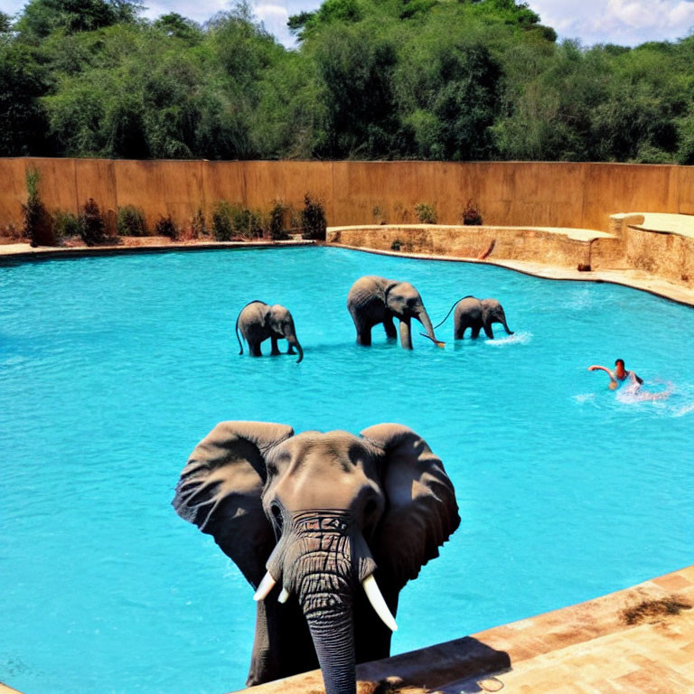 Four elephants and person swimming in blue pool under sunny sky