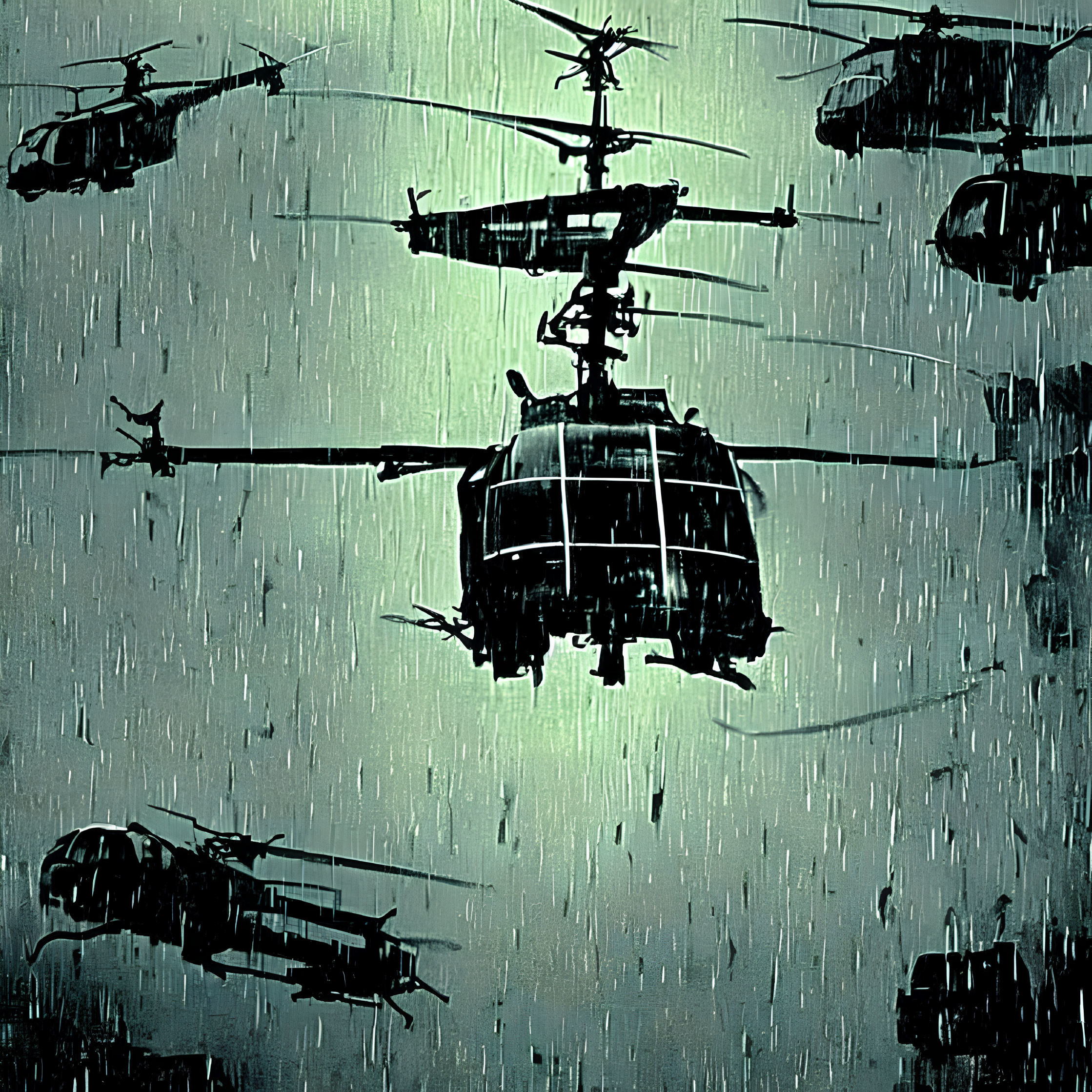 Military helicopters flying in formation under heavy rain with a dramatic greenish tint.