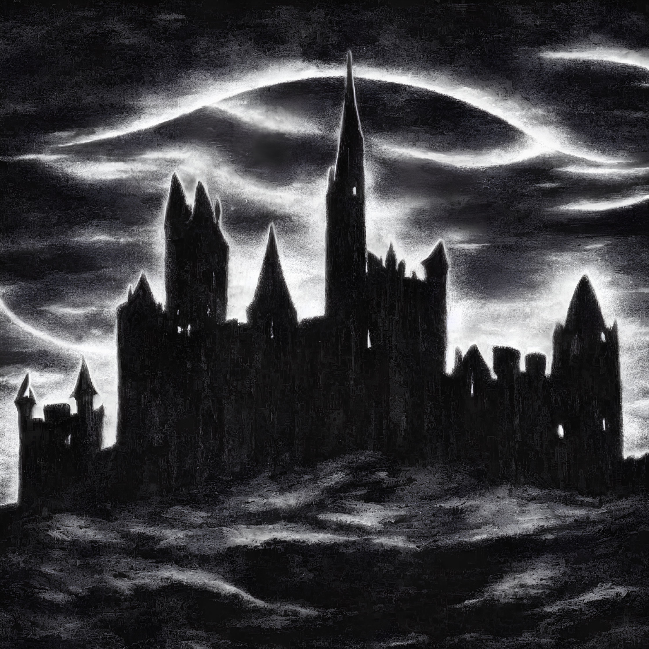 Monochrome gothic castle silhouette under swirling ominous clouds