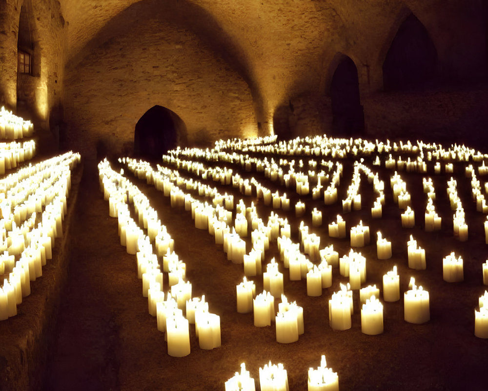 Numerous Candles Illuminate Stone Underground Room