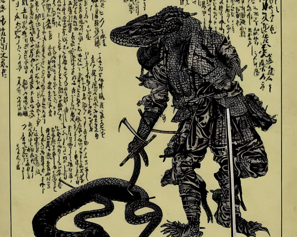 Japanese woodblock print: Samurai with crocodile head battles snake, kanji text in background