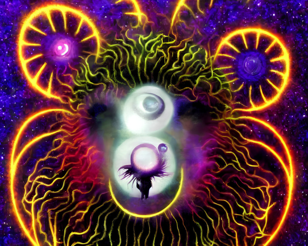 Cosmic entity with three eyes and tentacles in starry purple space