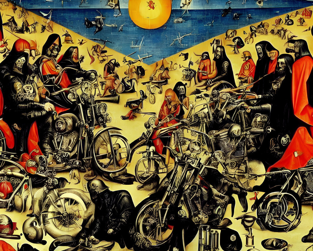 Surreal painting: skeletal figures on motorcycles, mechanical parts, vivid sun, death and movement themes