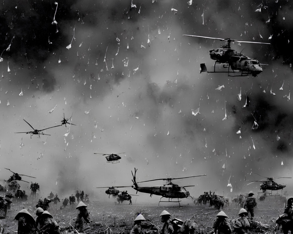 Monochrome battle scene with soldiers, debris, and helicopters