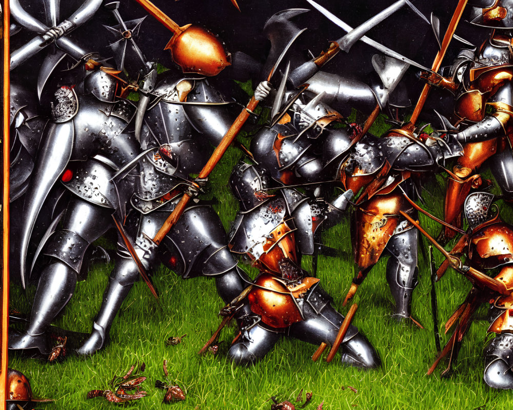 Medieval knights battle scene with swords and shields on grassy field