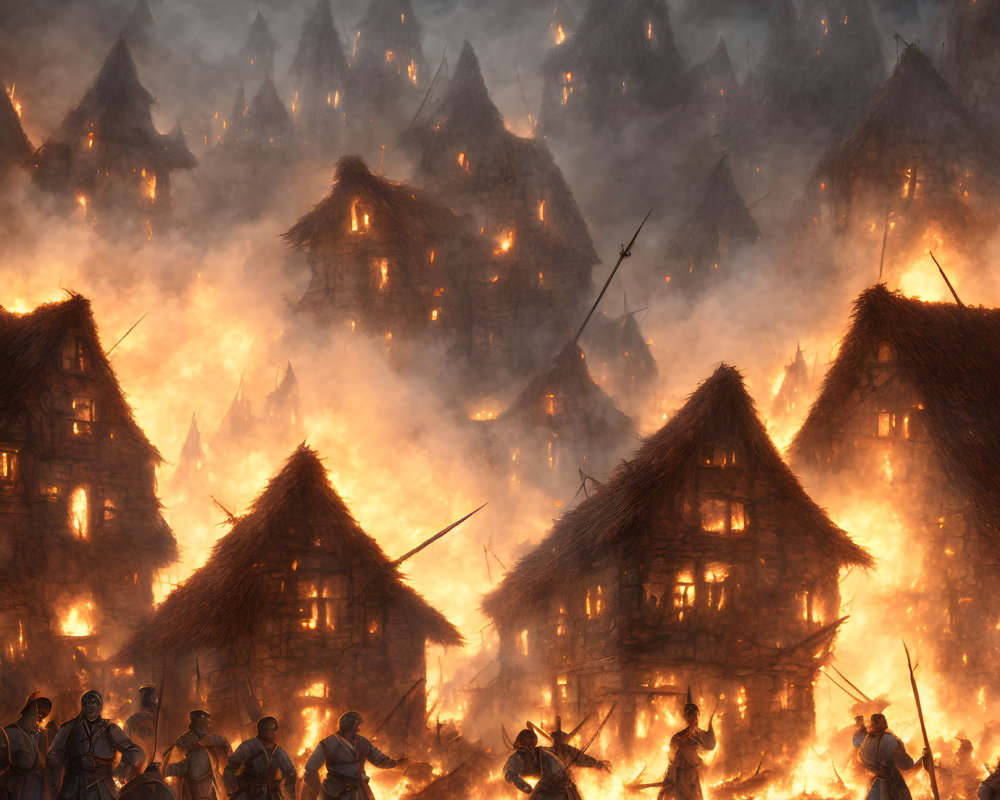 Medieval village night scene with armed figures and burning thatched roofs