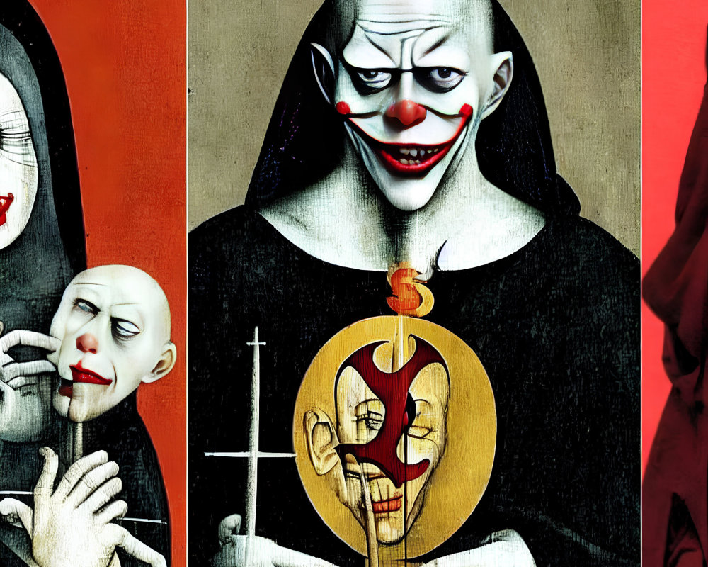 Sinister clown triptych with mask, cross, and apple skull in red and black palette