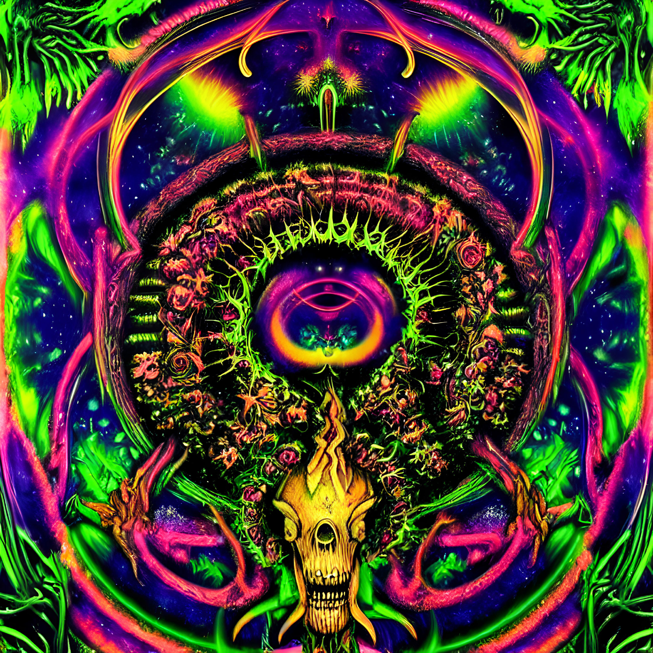 Colorful Psychedelic Artwork with Skull and Eye-like Design