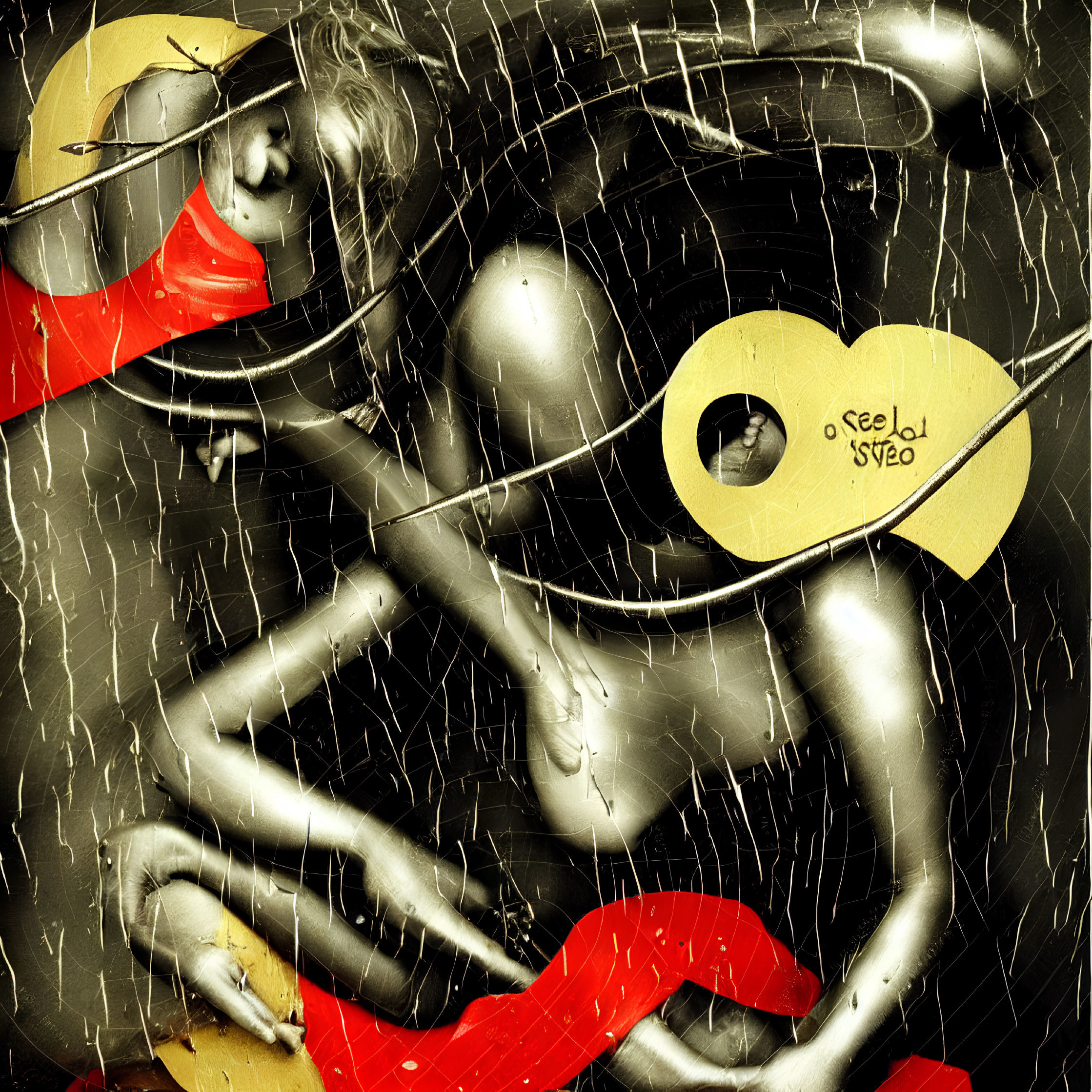 Abstract surreal digital artwork: human figures, gold textures, red accents, central eye symbol