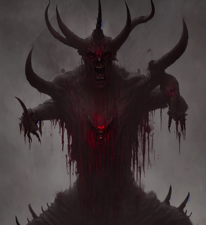 Dark fantasy creature with horns and glowing red eyes in shadows