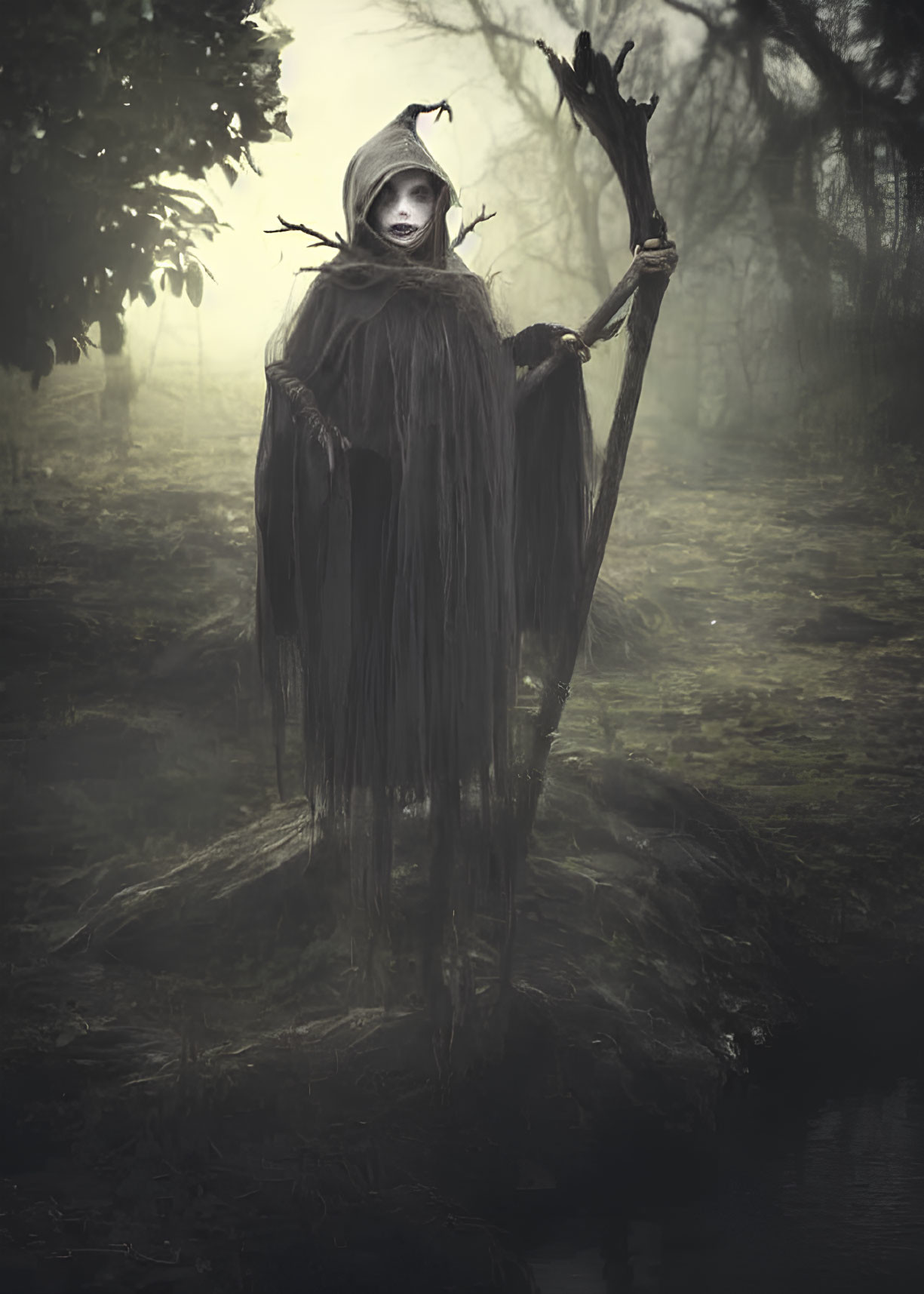 Mysterious figure with staff in foggy forest